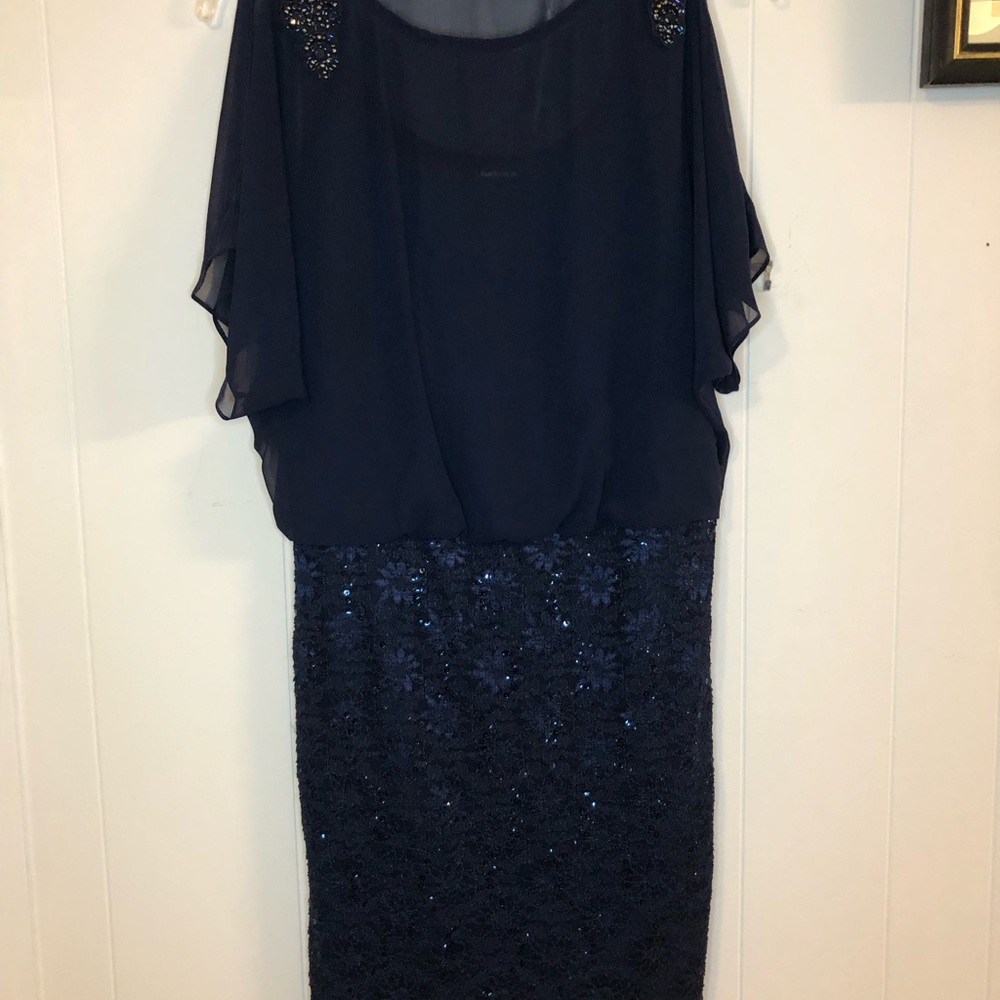 Navy Sequin Midi Dress with Chiffon Overlay